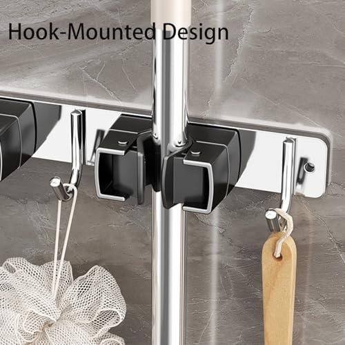Wall-Mounted Broom Holder Stainless Steel Mop Storage Rack Laundry Room Storage Solution Suitable for Kitchens, Gardens,Garages (Option B: 2 clips with 3 hooks) - color: Option B: 2 clips with 3 hooks