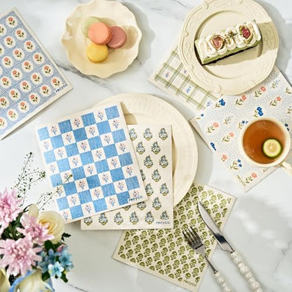 RECYCO Swedish Dishcloths for Kitchen | 6 Packs Bloom Tiles Washable Dish Rags | Cellulose Reusable Cleaning Paper Towels | Absorbent Counter Dish Cloth Sponge Kitchen Wipes, 8" L x 7" W - color: Bloom Tiles - 6 Pack