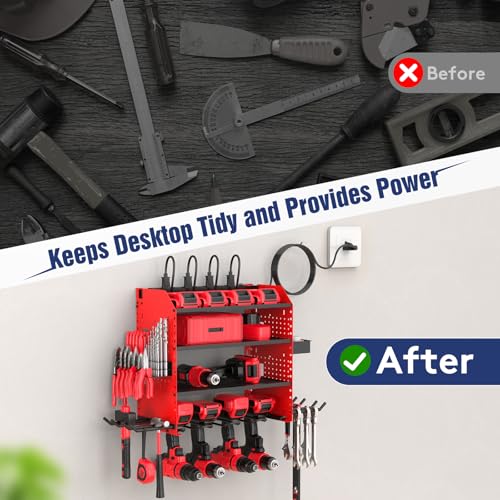 Heavy Duty Power Tool Organizer Wall Mount with Charging Station, 4 Layer Garage Storage Adjustable Shelves Height, Holds 4 Drills, 2 Hooks, Screw & Screwdriver box, Gifts for Fathers Day, Anniversary - color: Red