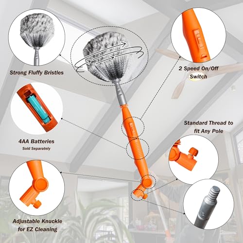 EZ Smart Powered Cobweb & Ceiling Fan Duster with 16ft Rigid Extension Pole – Adjustable Arm, Removable Washable Head, Interior & Exterior Use – Handheld or Pole-Mounted Cleaning Tool - size: Cobweb Duster Extension Pole Kit
