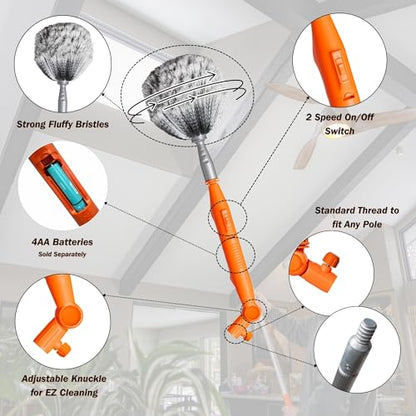 EZ Smart Powered Cobweb & Ceiling Fan Duster with 16ft Rigid Extension Pole – Adjustable Arm, Removable Washable Head, Interior & Exterior Use – Handheld or Pole-Mounted Cleaning Tool - size: Cobweb Duster Extension Pole Kit