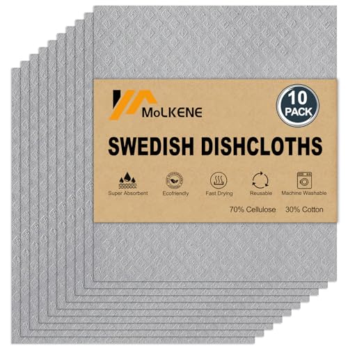 MoLKENE Swedish Dishcloths for Kitchen | 10 Pack Absorbent Cellulose Sponge Cloths Washable | Non-Scratch Reusable Paper Towels Quick Drying Cleaning Rag - Grey - color: 10 Pack Grey, size: 10 Pack