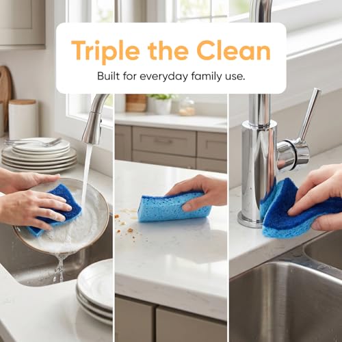 Superio Non-Scratch Cellulose Sponge Scrub (12-Pack) Heavy Duty Kitchen Sponges Scrubbers with Scouring Pad (Blue) - color: Blue, size: 12-pack
