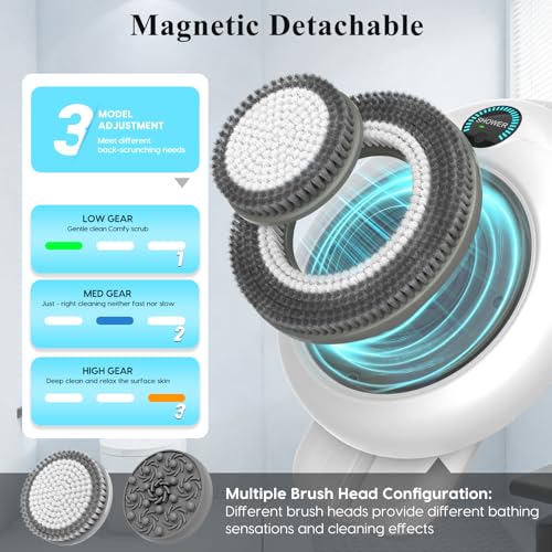 Electric Back Scrubber for Shower - Wall Mounted Exfoliating Brush, Hands-Free Automatic Body Scrubber, IPX7 Waterproof, 3-Speed Adjustment, 3 Replaceable Heads with 50pcs Disposable Shower Caps - color: White