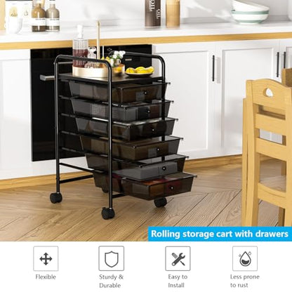 Rolling Cart with Drawers, 6-Tier Rolling Storage Cart with Drawers, Rolling Utility Cart with 6 Drawers with 2 Lockable Caster Wheels for Office Bathroom Kitchen, Transparent Black - size: Black, 6-Tier