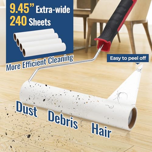 Lint Rollers for Pet Hair Extra Sticky, 9.45" Wide Large Lint Roller, 240 Adhesive Sheets Rollers, 65" Long Handle Sticky Mop for Carpets, Floor, Couch, Bed Sheets, Home Cleaning, Loving Pet Owners - size: 65" (1 Roller + 4 Refills (Wide: 9.45 in)
