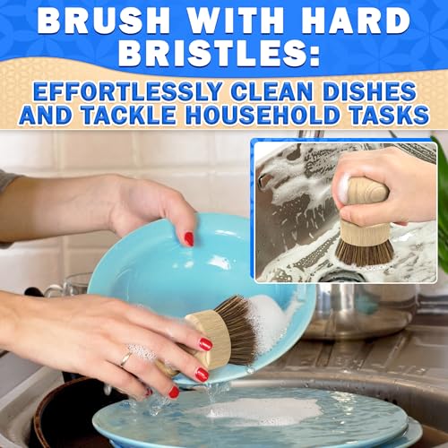 5 Pcs Bamboo Dish Brush Set – Bamboo Dish Scrubber with Soft & Stiff Non-Scratch Bristles, Ergonomic Handle, Replacement Head Included – Lightweight Kitchen Scrubber for Pots, Bottles & Vegetables