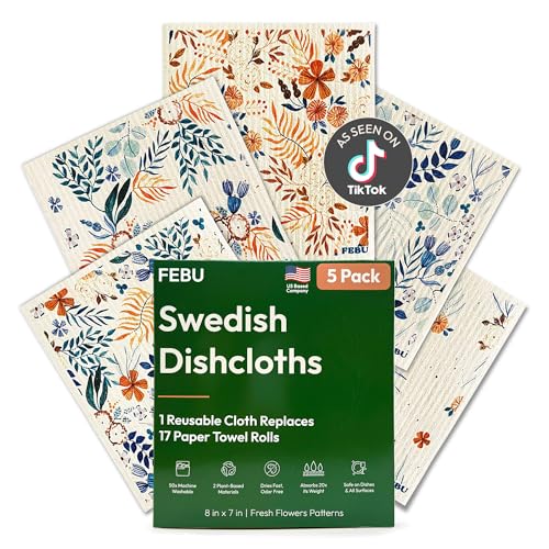 FEBU Swedish Dishcloths for Kitchen | 5 Pack Fresh Flowers Reusable Paper Towels Washable | Swedish Dish Towels | Non-Scratch Cellulose Sponge Cloths | No Odor, Biodegradable Cleaning Cloths - color: Fresh Flowers
