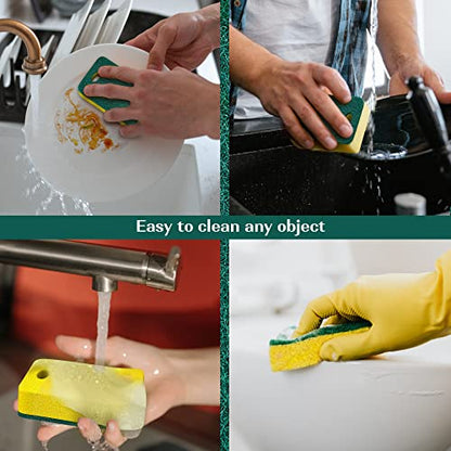 Kitchen Sponges 12 Pack, Heavy Duty Dual-Sided Scrub Sponges, Yellow/Green | Non-Scratch Dish Cleaning, Odor-Free, Multipurpose Scrubbers for Dishwashing Pots, Pans, Skillets & Outdoor Grills