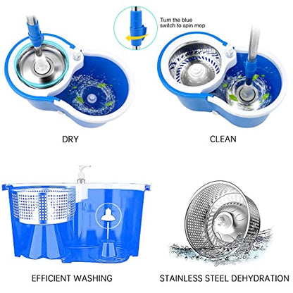 Spin Mop Bucket System, 360 Spin Floor Cleaning Mop Bucket with 3 Microfiber Replacement Head Refills Telescoping Handle for House Cleaning - color: Blue