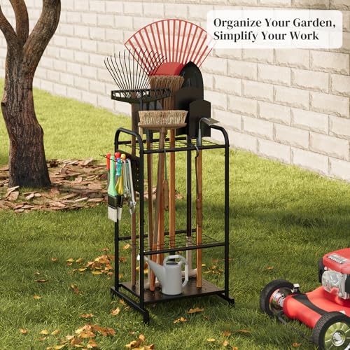 Garden Tool Organizer with Hooks Yard Tool Rack Heavy Duty Steel Yard Tool Organizer and Garden Storage Holder Broom Holder for Shed, Patio, Outdoor Indoor - style: Rack with Hooks