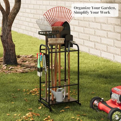 Garden Tool Organizer with Hooks Yard Tool Rack Heavy Duty Steel Yard Tool Organizer and Garden Storage Holder Broom Holder for Shed, Patio, Outdoor Indoor - style: Rack with Hooks