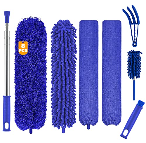 Buysenton Microfiber Duster, 8PCS Feather Duster with 100 Inch Telescoping Extension Pole, Reusable Bendable Dusters, Washable Lightweight Dusters for Ceilings Fans(2023 UAGRED) - color: 8pcsblue