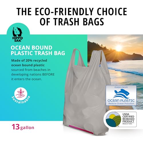 Hippo Sak - Tall Kitchen Garbage Bags with Ergonomic Handles - 13 Gallon Trash Bags Made from Recycled Ocean Bound Plastic - Super Strong and Leak Proof Tall Kitchen Trash Bags (45 Count) - size: 45 Count (Pack of 1)