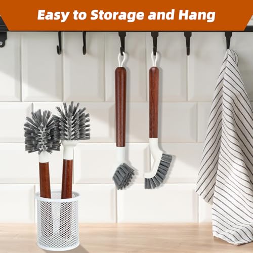 4-Pack Heavy Duty Scrub Brushes with 11" Sapele Wood Handle – PBT Bristles & TPR Loop – Kitchen, Bathroom, Grout, Dish & Tile Cleaner – Durable Non-Slip Multi-Surface Cleaning Brush Set