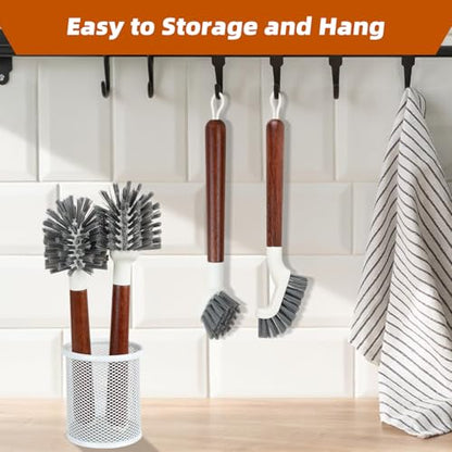 4-Pack Heavy Duty Scrub Brushes with 11" Sapele Wood Handle – PBT Bristles & TPR Loop – Kitchen, Bathroom, Grout, Dish & Tile Cleaner – Durable Non-Slip Multi-Surface Cleaning Brush Set