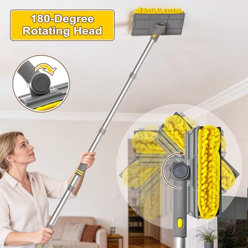 JEHONN 77” Ceiling Fan Cleaner Duster with Extra Bendable Chenille Dust Cleaning Tool, Detachable Washable Mop for Baseboard, Blinds, Walls, Floors & Car Interiors (Yellow)