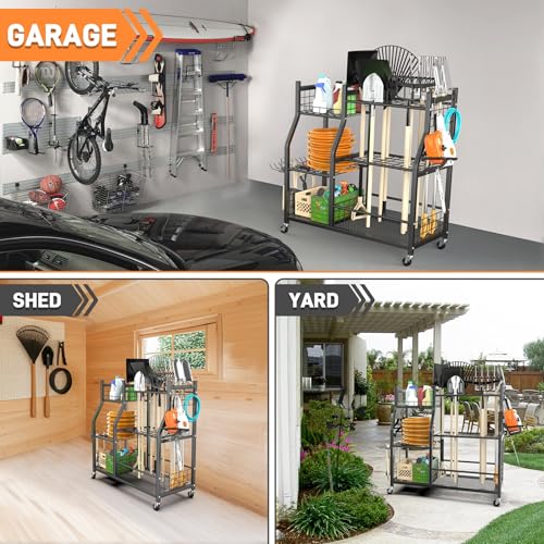 TORACK Garden Tool Organizer with Wheels, Rakes Shovels Yard Tools Stand for Garage, Shed, Garden, Indoor/Outdoor Long-Handled Tools Cart - style: Tool Stand with Extra Shelves