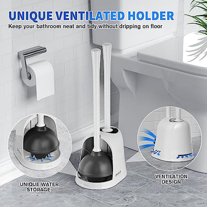 LOVLOY Toilet Plunger and Brush, Bowl Brush and Heavy Duty Toilet Plunger Set with Ventilated Holder, 2-in-1 Toilet Brush and Plunger Combo for 5.3-inch Toilet Drain Bathroom Cleaning (White) - color: White