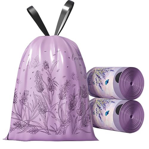100pcs 2.6 Gallon Small Trash Bags Tearing-Free Drawstring for Bathroom Office Home Bedroom Trash Can with Purple Lavender Printed Garbage Basket Bags (2.6 Gallon Purple, 100 Count) - size: 1 Count (Pack of 100)