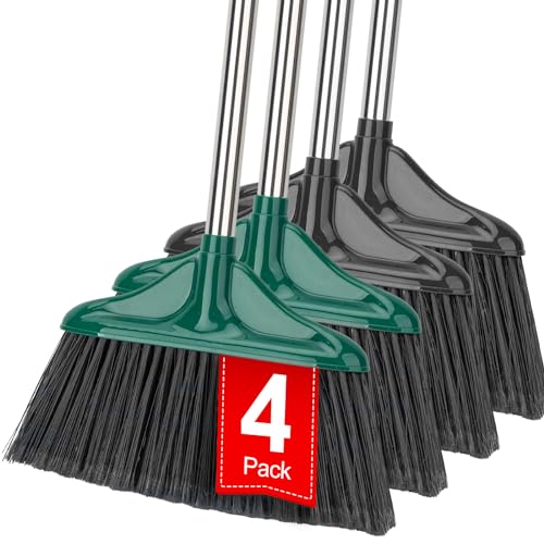 4 PCS Heavy Duty Broom Outdoor/Indoor Commercial Broom with 61" Long Handle,Perfect for Home Garage Kitchen Office Lobby Room Floor,Black and Green - color: Green