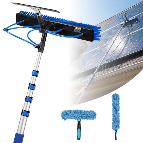 VEVOR Solar Panel Cleaning Kit, 15 ft, Water Fed Pole Kit with Cleaning Brush, Squeegee, Soap Dispenser, Extendable Aluminum Telescopic Pole, 180° Rotatable Brush Head, for Roof Mounted Solar Panels - size: 15 Ft