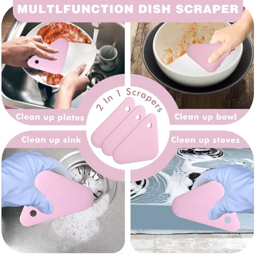 Food Scraper, 2-in-1 Pot and Pan Dish Scraper, Nylon and Silicone, Kitchen Scraper Tools for Cast Iron Skillets, Cookware, Dishes, Pans and Pots, Heat Resistant, Set of 3 - Pink - color: Pink