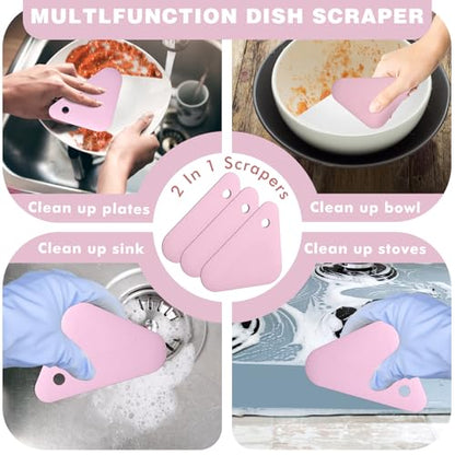 Food Scraper, 2-in-1 Pot and Pan Dish Scraper, Nylon and Silicone, Kitchen Scraper Tools for Cast Iron Skillets, Cookware, Dishes, Pans and Pots, Heat Resistant, Set of 3 - Pink - color: Pink
