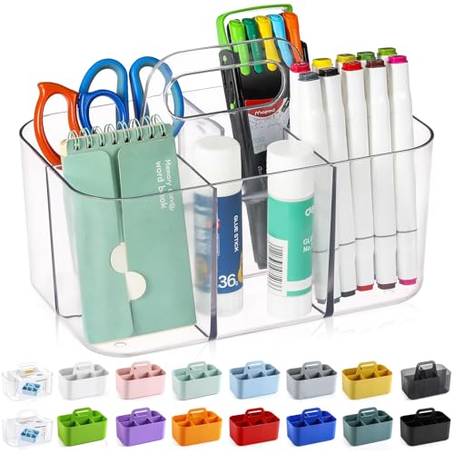 Multiuse Caddy Organizer with Handle, Portable Divided Plastic Tote Bin - Art Craft, Stationary Pen Marker Crayons, Makeup Hair Supplies Storage - Bathroom, Classroom, Dorm, Office, Desk Holder -Clear - color: Clear
