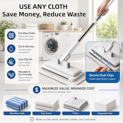 Hands Free Flat Mop, 2026 New Hands Free Multi Purpose Flat Mop, Multifunctional Lazy Mops with One-Click Cloth Attachment, 360° Rotating Mops Head, for Floor, Wall, Bathroom (1, S(37.4in)) - color: S(37.4in)