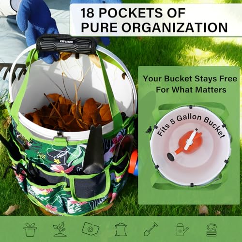 KUNN Bucket Tool Organizer 5 Gallon 18-Pocket Gardening Tool Bag with Hangable Handle | Garden Caddy & Bucket Accessory, Green - style: Green Leaf