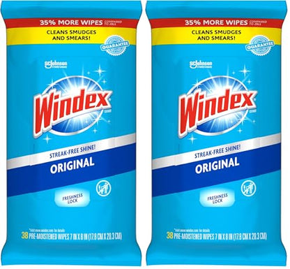 Windex Wipes Glass Cleaning, Pre-Moistened Glass and Surface Wipes to Clean Home Surfaces, Household Essentials, Original Scent, 38 Count (Pack of 2) - size: 38 Count (Pack of 2)