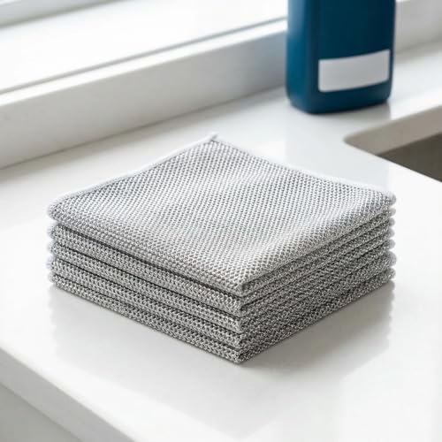 5 Pack Multipurpose Wire Dishcloths, Non Scratch Reusable Metal Cleaning Cloths for Kitchen Cookware, Cooktop and Household Use