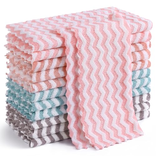 Homaxy 12 Pack Kitchen Dish Cloths, Ultra Soft and Absorbent Dish Towels, Reusable Fast Drying Microfiber Cleaning Cloth, Wave Coral Velvet No-lint Cleaning Rags, 10 x 10 inches, Multicolor - color: Multicolor, style: 10" x 10" - 12 Pack