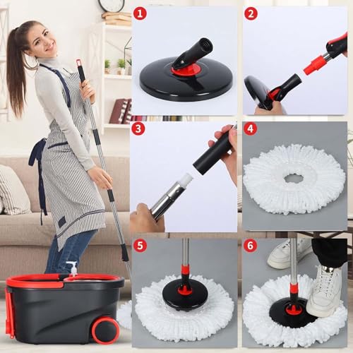 Mop and Bucket with Wringer Set, 360° Mop Bucket Floor Cleaning System with 3 Microfiber Replacement Mop Head Refills, 61" Adjustable Stainless Steel Handle, 2X Wheel for Home Cleaning