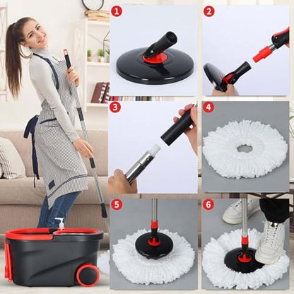 Mop and Bucket with Wringer Set, 360° Mop Bucket Floor Cleaning System with 3 Microfiber Replacement Mop Head Refills, 61" Adjustable Stainless Steel Handle, 2X Wheel for Home Cleaning