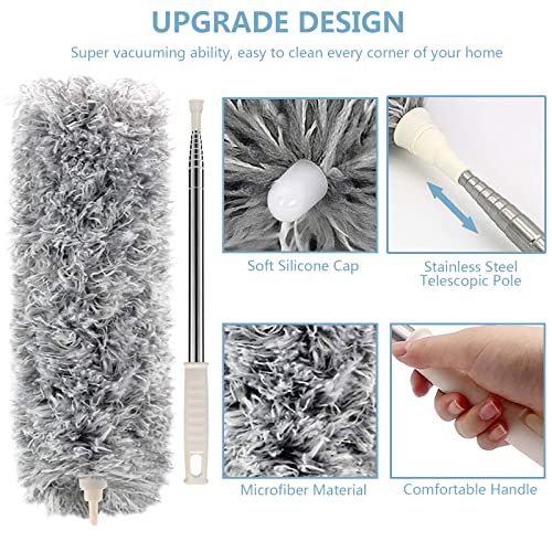 Microfiber Duster with Extension Pole(Stainless Steel) 30 to 100'', with Bendable Head, Extendable Long Duster for Cleaning Ceiling Fan, High Ceiling, Keyboard, Furniture Cars Gray - color: Gray