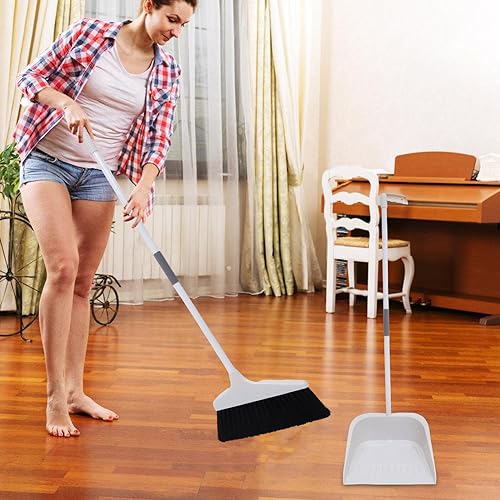 BESTonZON Broom and Dustpan Set Plastic Indoor Broom with Dust Pan Set Stand Up Dustpan Long Handle Angle Broom and Dust Pan Sweeping Broom for Home Floor Cleaning Tools White