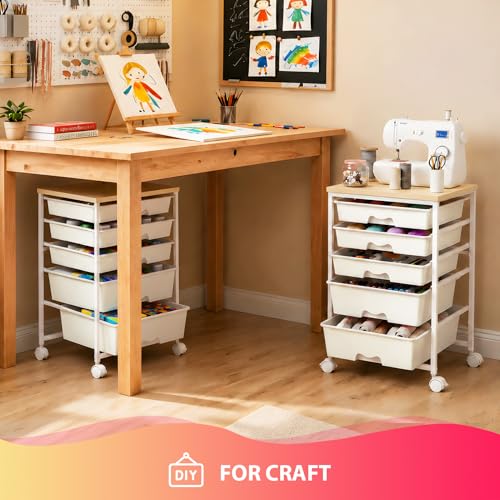 Goovilla Rolling Cart with Drawers, Utility Cart Organizer With 5 Removable Drawers and Wooden Tabletop, Lockable Rolling Storage Organizer for Art, Classroom, Home, Dorm, Office, Craft Storage, White - size: White