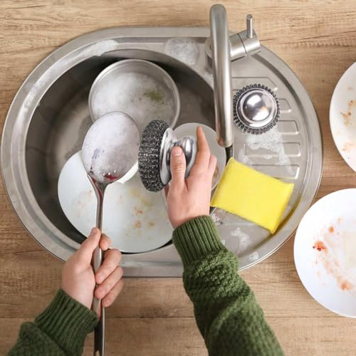 6 Pcs Steel Wool Scrubber Set, Stainless Steel Scrubber with Handled Replacement Metal Wire Pads for Cleaning Dishes, Cast Iron, Stock Pots, Pans, Griddles, Grills