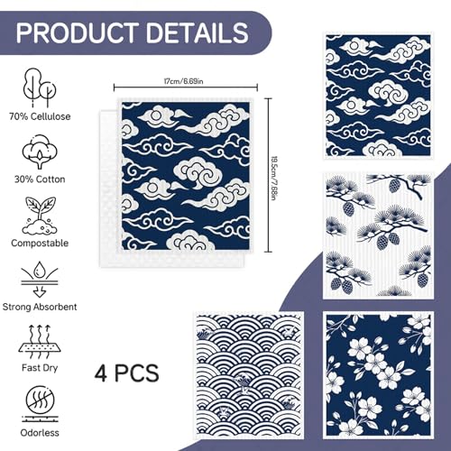 4 PCS Swedish Dishcloths, Japanese Pattern Reusable Kitchen Dish Cloths, Super Absorbent Cellulose Sponge Cloths, Odor Resistant, Dishwasher Safe & Multi-Purpose Cleaning Cloths - color: Japanese Pattern
