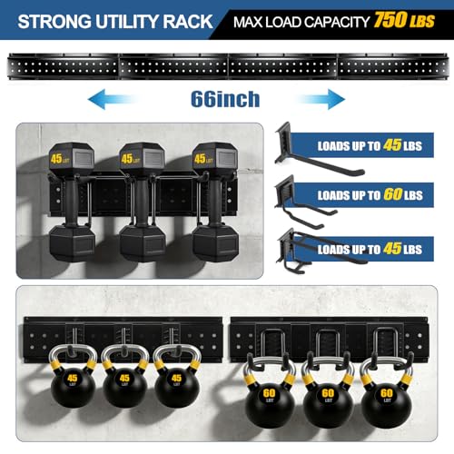 66'' Garage Tool Organizer Wall Mount 21PCS, 750lbs Heavy Duty Garden Tool Organizer with 17 Adjustable Hooks, Yard Tool Hanger for Shovel Rake Broom Ladder, Garage Wall Organization, Men's Gift - size: 66''-21Pack