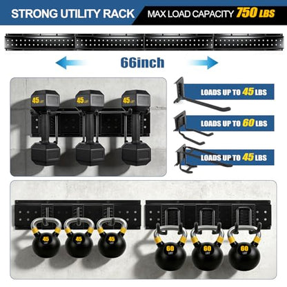 66'' Garage Tool Organizer Wall Mount 21PCS, 750lbs Heavy Duty Garden Tool Organizer with 17 Adjustable Hooks, Yard Tool Hanger for Shovel Rake Broom Ladder, Garage Wall Organization, Men's Gift - size: 66''-21Pack