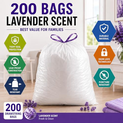 13 Gallon Tall Kitchen Trash Bags, 200 Count Lavender Scented | Drawstring Closure Odor Control Leak Resistant Tear Resistant Easy Tie Handles