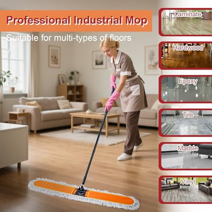 48" Commercial Dust Mops for Floor Cleaning, Heavy Duty Floor Duster with 60" Long Handle, Industrial Wet Dry Sweeper Mop with 2 Reusable Mop Pads for Janitor Indoor Warehouse Gym Hotel Clean - size: 48 inch