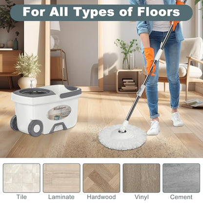 Mop and Bucket with Wringer Set,Spin Mop and Bucket System, Mops for Floor Cleaning,Household Supplies Tools with 6 Replacement Refills,61" Extended Handle for Household Hardwood Floor - White - size: White Mop Bucket + 6 Mop Heads