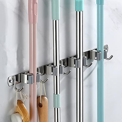 Mop and Broom Holder Wall Mount Garage Organizer Storage Tool Racks Stainless Steel Heavy Duty Hooks Self Adhesive Solid Non-Slip Wall Hangers for Home Kitchen Garden (3 Racks and 4 Hooks) - color: 3 Racks and 4 Hooks