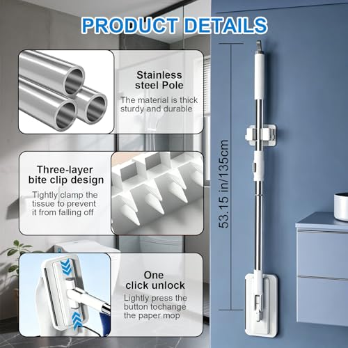 Snap Grip Mini Mop, Hands Free Flat Mop with 135cm Long Handle & Upgraded Water Squeegee – Zero-Touch Cloth Change Compatible with Face Towels, Wet/Dry for Hardwood, Tile, Corners