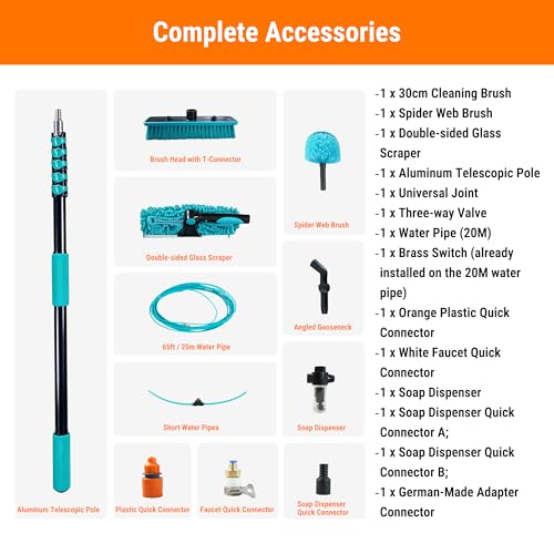 Water Fed Pole Kit, 24FT Solar Panel Cleaning Pole with Extendable Handle, 180° Rotatable Brush Head & 65.6FT Hose, Household & Outdoor Window Cleaner Tool for Caravan Solar Panel Deck - size: 24FT