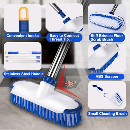 Floor Scrub Brush with Long Handle, 2 in 1 Deck Scrub Brush, Stiff Bristle Scrub Broom & Cleaning Brush for Tile Floor,Deck,Patio,Marble,Garage,Wall, Kitchen,Bathroom - size: 10"
